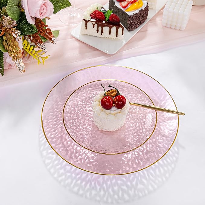 DaYammi 240Pcs Pink Plastic Plates Including 120Pcs Pink Dessert Plates and 120Pcs Gold Plastic Forks,Hammered Party Plate,pink and Gold Appetizer plates Heavy duty Disposable Plate for All Occasions