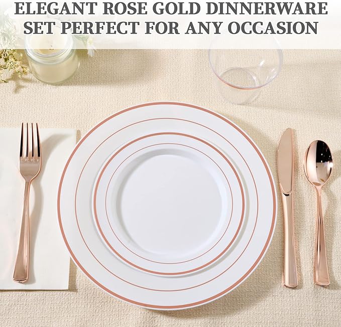 FOCUSLINE 600 Ct Rose Gold Dinnerware Set for 100 Guests - Rose Gold Rimmed White Disposable Plastic Plates, Includes 100 Dinner & Salad Plates, Cups, Cutlery Set for Wedding Parties