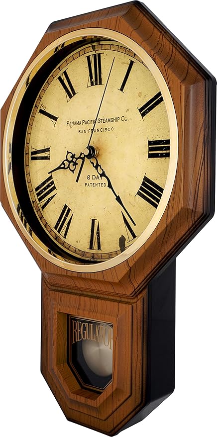 JUSTIME Traditional Schoolhouse Classic Vintage Roman Regulator Wall Clock, Chiming Wall Clocks with Pendulum & Westminster Chime Hourly, Schoolhouse Wall Decor Battery Operated (Light Wood Grain)
