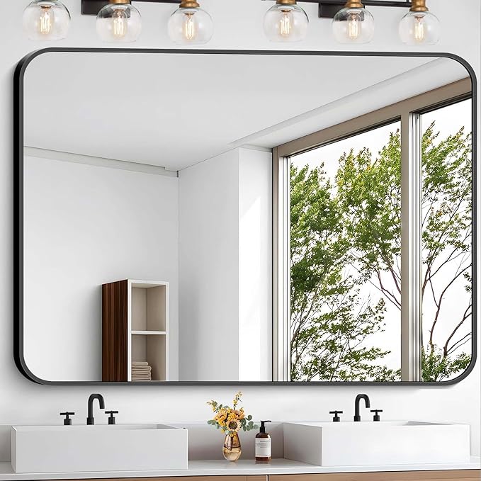 Bathroom Mirror, 48 x 40 inch Black Rectangle Wall Mirror, Metal Frame Rectangular Vanity Mirror, Rounded Corner Wall Mounted Mirror for Modern Bedroom Living Room Hangs Horizontal/Vertical