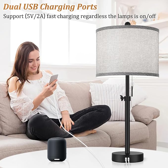 Table Lamps for Bedroom Set of 2, 23''-30'' Adjustable Height Bedside Lamps with 2 USB Ports, Black Nightstand Lamps with Grey Linen Shade, Modern Stylish Living Room Lamp Set with Pull Chain