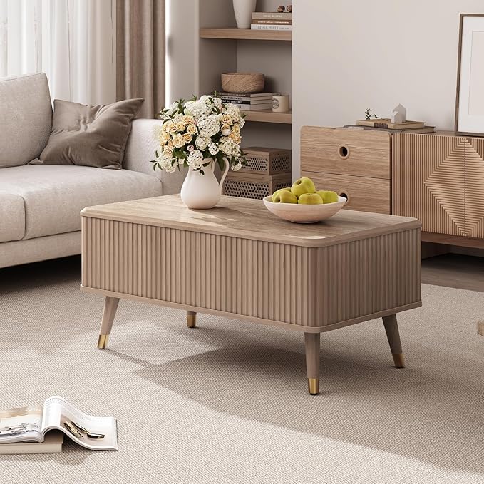 Lift Top Coffee Table, Mid Century Modern Coffee Table with Hidden Storage Compartment, 38" Fluted Center Table for Living Room, Home Office, Natural Oak