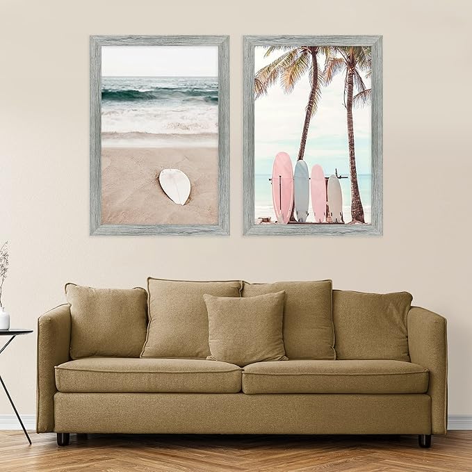 12x18 Frame Set of 2, Rustic Grey Wood Style, Display 12 x 18 Poster without Mat or 8.5x11 Picture with Mat, Wall Mounting Horizontal and Vertical