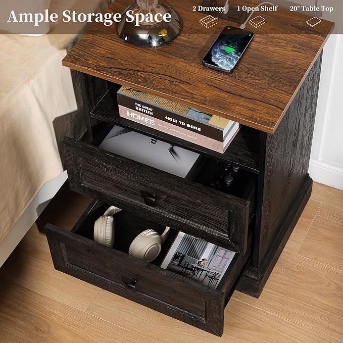 Night Stand with Charging Station, Bedside Table with 2 Drawers Storage and Open Shelf, Wood Farmhouse Nightstand with Outlets for Bedroom Office, Espresso