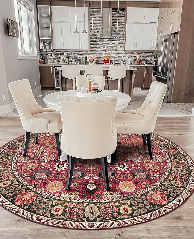 vivorug Round Rug 6ft Vintage Round Area Rug Non-Slip Indoor Carpet for Living Room Bedroom Entryway, Stain Resistant Home Decor Circle Rug, Cherry Red/Spice