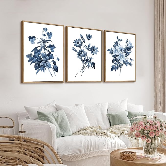 Large Framed Canvas Wall Art - Natural Float Framed Indigo Flowers Picturtes for Living Room Decor Retro Blue Floral Botanical Artwork Plants for Bedroom Kitchen Home Office Decor 60" X 28" Set of 3