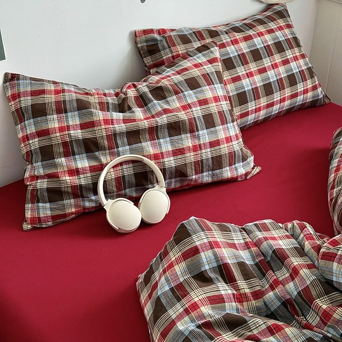 VM VOUGEMARKET Buffalo Gingham Duvet Cover Set Queen,3 Pieces Washed Cotton Bedding Set,Breathable Luxury Plaid Duvet Cover with Zipper Closure(Red&Brown)