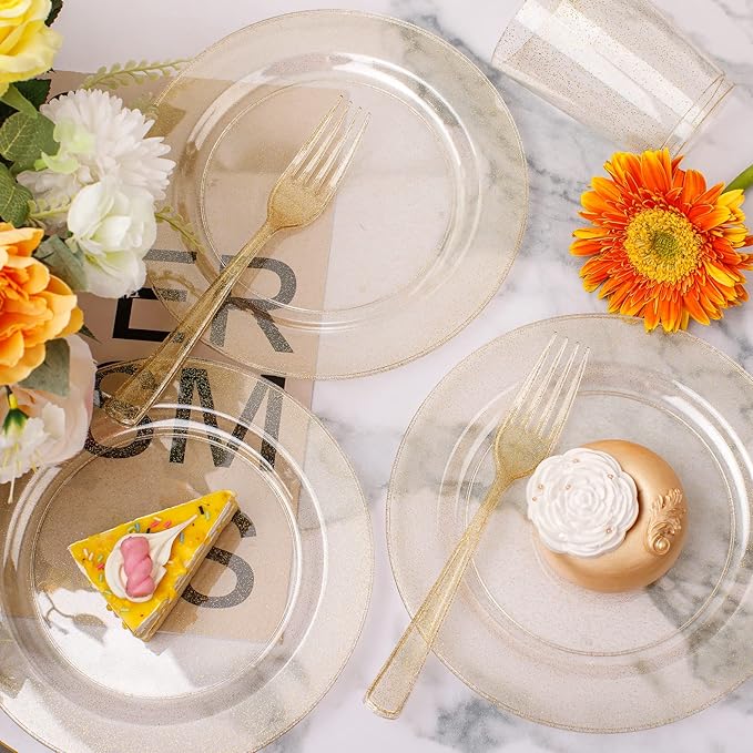WELLIFE 150-Piece Gold Glitter Disposable Party Tableware Set for 50 Guests-Includes 50 Dessert Plates,50 Plastic Forks & 50 Cups-Elegant Plastic Plates for Wedding,Birthday,Anniversary(Gold Glitter)