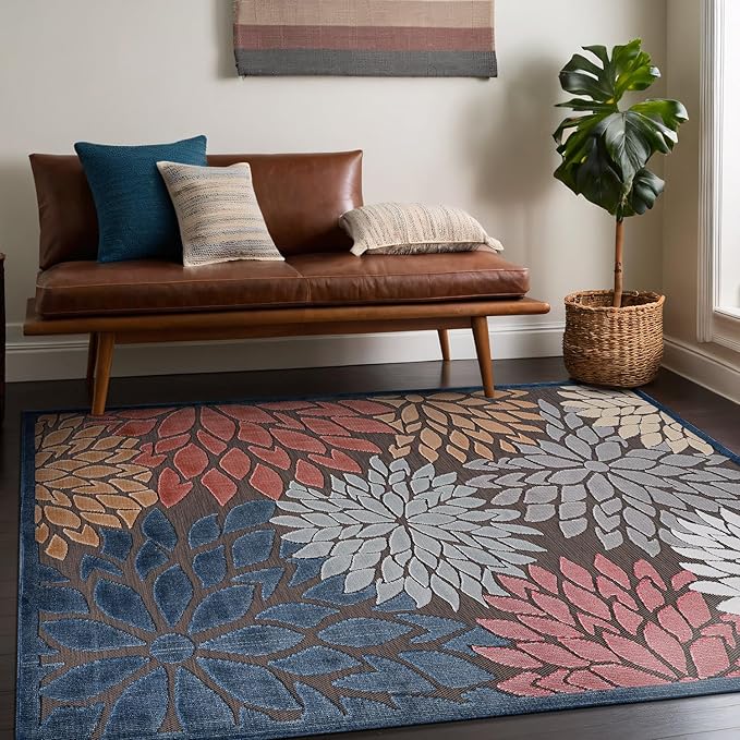 Beverly Rug Outdoor Rug 6x9 Modern Floral Tropical Area Rugs for Indoor and Outdoor Patio Easy to Clean Non Shedding Living Room Porch Garden Washable Outside Carpet (6 x 9 Brown)