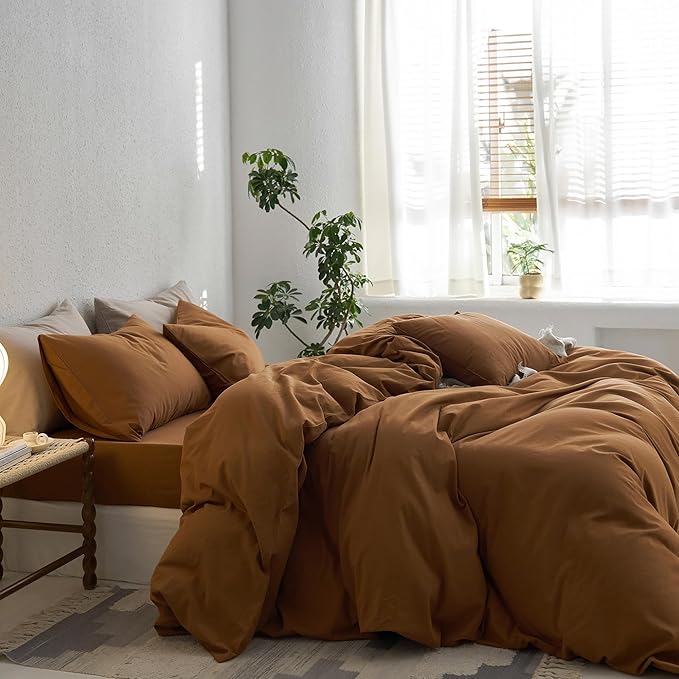 MooMee Super King Duvet Cover Set, 100% Washed Cotton Linen Like Twill Thick Sturdy Material Super Soft Breathable Durable Bedding for All Season, 3 Pieces (Dark Orange, Super King 108"x98")