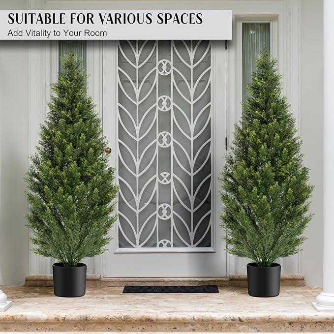 Two 4FT Artificial Topiary Cedar Trees Tall, Outdoors UV Protection Fake Cypress Tree, Realistic 48IN Pine Potted Plants for Patio, Home Porch, Doorway Decor