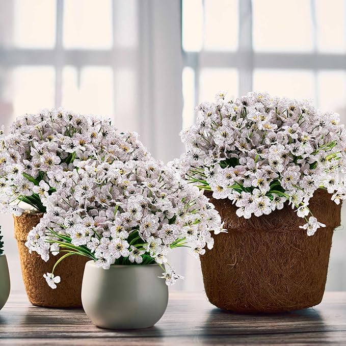 Zeyune 56 Bundles Artificial Flowers Fake UV Resistant for Outdoor Plastic Greenery Shrubs Plants No Fade Faux Flower for Garden Porch Patio Window Wedding Party Decor(White,Bright)