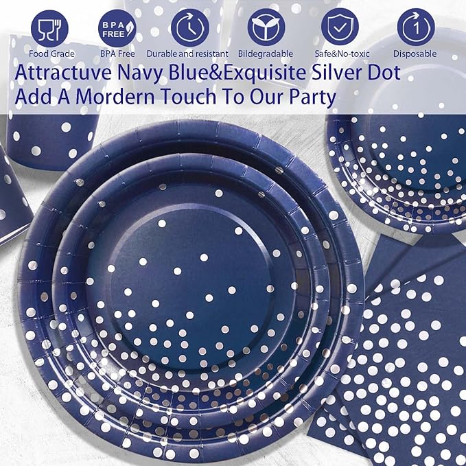 Gudvilla350 PCS Navy Blue Plates and Napkins Party Supplies,Navy Blue Paper Plates with Plastic Silverware Serve 50 Guests,Blue and Silver Birthday Plates Disposable for Wedding Retirement Decorations