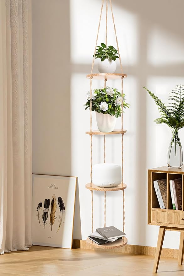 Hemp Rope Hanging Plant Shelf from Ceiling for Narrow Space or window Boho Hanging plant Shelves, Natural Pine Wooden Plant Stand Display for Indoor, Outdoor, Corner, Balcony, Living Room and Bedroom