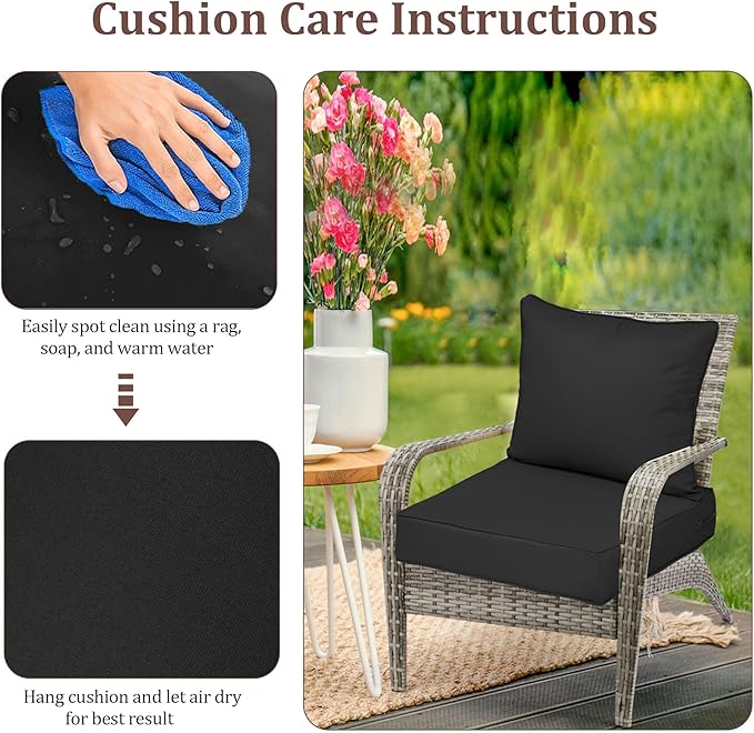 Outdoor Deep Seat Cushions for Patio Furniture Set of 2, Waterproof Outdoor Chair Cushions 22 x 22 x 4'' Patio Furniture Cushion with Fade Resistant Removable Cover, Handle & Straps, Black
