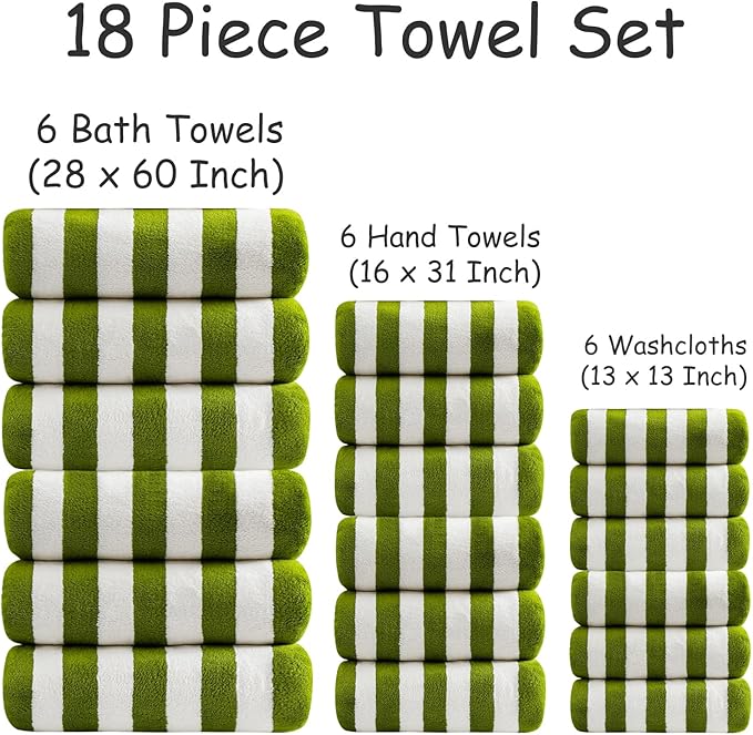 18 Pcs Green Cabana Stripe Family Towels Set with Hanging Loop-6 Bath Sheets,6 Hand Towels,6 Washcloths Ultra Soft Bathroom Towel Highly Absorbent Quick Dry Shower Towel for Beach Chair,Spa,Gym,Hotel