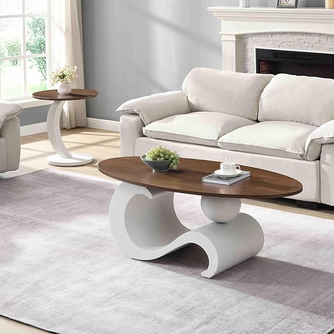 Marble Nesting Coffee Table Set of 2,Modern Oval Center Tea Table and Round Side Nightstand Set w/Wood Tabletop and Metal Frame for Living Room Accent Furniture
