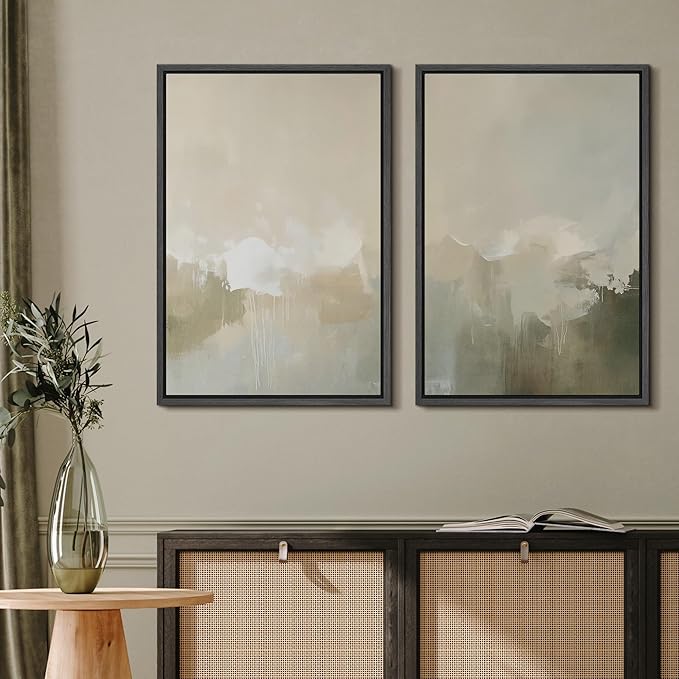 MUDECOR Framed Canvas Print Wall Art Set Neutral Misty Abstract Landscape Beige and Oliv Illustrations Modern Art Decorative Bohemian Calm/Zen for Living Room, Bedroom, Office - 16"x24"x2 BLACK