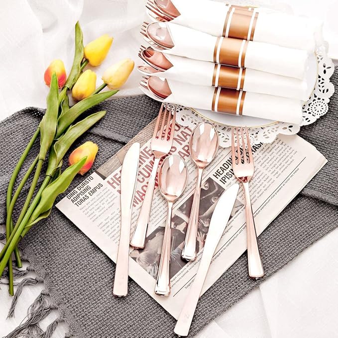 Supernal Set of 60 Packs Rose Gold Silverware - Heavy Weight Cutlery with Linen Napkin Suit for Wedding, Party
