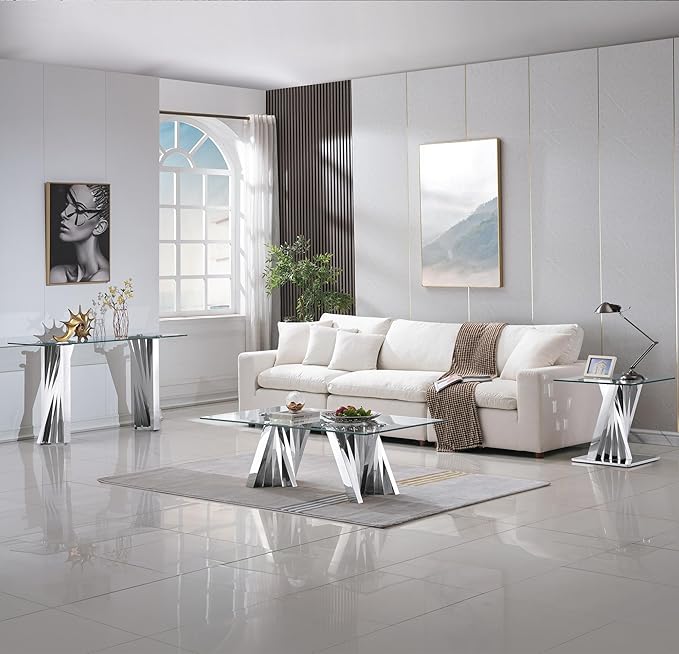 Glass 4 Piece Living Room Table Sets,4-Piece Table Set Includes 1 Glass Coffee Table and 1 Console Table and 2 End Tables with Stainless Steel Frame,Modern Coffee Table Set of 4 for Living Room