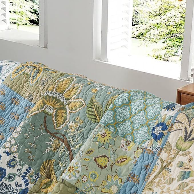 NEWLAKE Cotton Quilted Throw Blanket for Bed Couch Sofa, Reversible Patchwork Matelasse Blanket with Real Stitched Embroidery, Bohemian Floral Pattern, 60X78 Inch