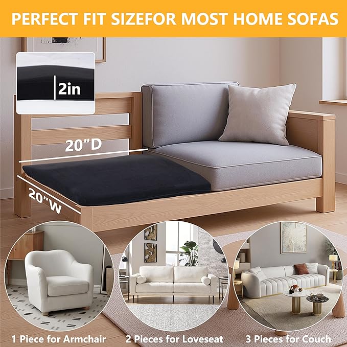 Pack of 3 Couch Cushion Support for Sagging Seats with Covers, 20" x 20" High-Density Curved Foam for Sofa Seat Support Pads for Under Cushions