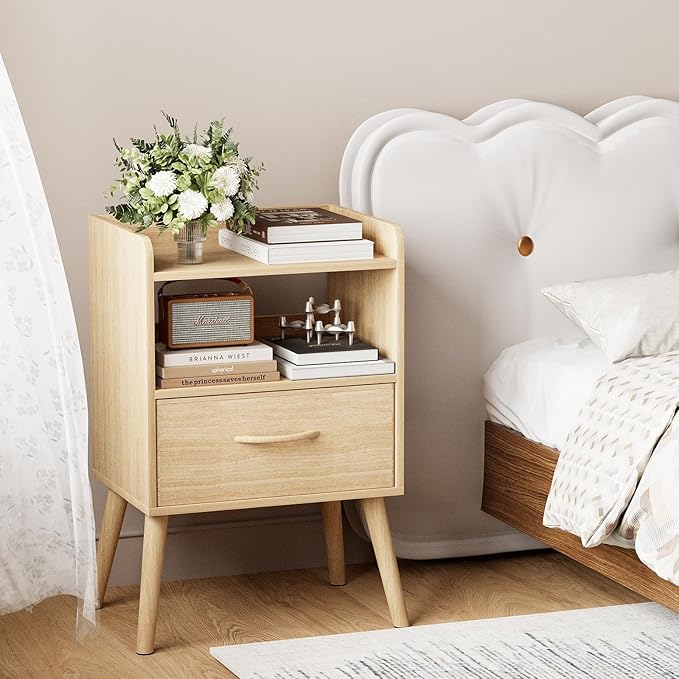 NightStand with Open Shelf,Night Stand with Drawer Storage Side Tables End Table,Bedside Table with Solid Wood Feet,Mid Century Night Stands for Bedroom Sofa Couch Small Spaces (Natural)