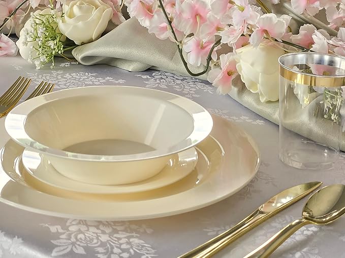 " OCCASIONS " 120 Pieces Plates Pack, Heavyweight Disposable Wedding Party Plastic Bowls (14oz Soup Bowl, Plain Ivory)