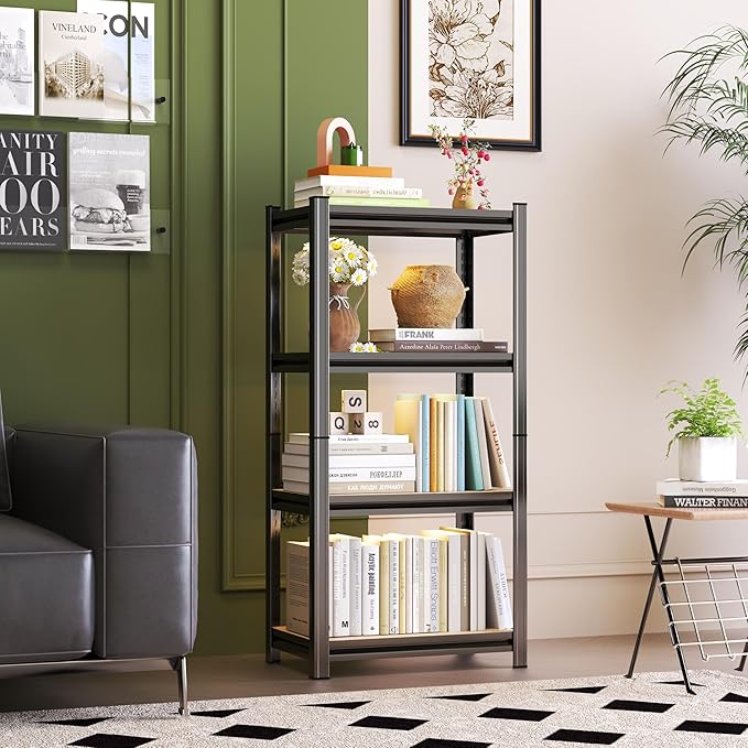 Tall Bookshelf with Open Shelves, Metal and Wood Office Book Shelf, Adjustable Organizer Bookcase, Standing Storage Organizer Shelf for Living Room (23.6" W*11.8" D*45.7" H)