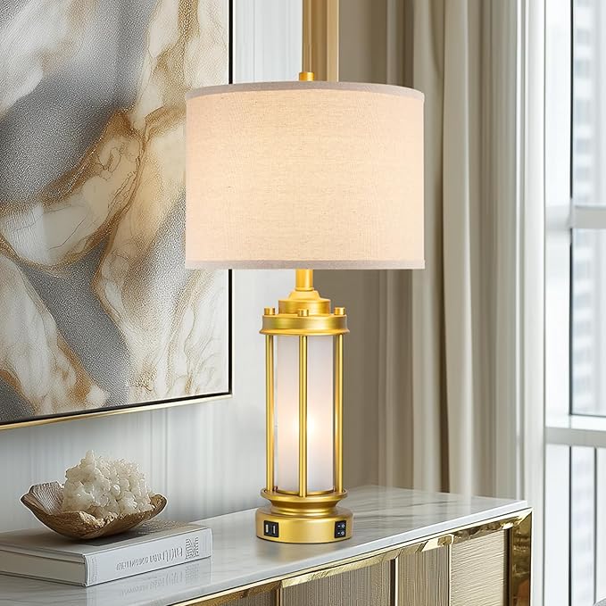 Modern Bedroom Table Lamps Set of 2, Farmhouse Vintage Bedside Lamp with 2 USB Ports, Gold Nightstand Desk Lamps with Glass Nightlight for Living Room Entryway Dresser, 4 Bulbs Included