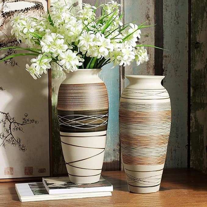Ceramic Rustic Farmhouse Vase, 12.6" Large Vintage Flower vase for Home Decor, Tall Boho Textured Vases for Living Room, Table, Mantel, Shelf and Centerpieces Decor and Housewarming