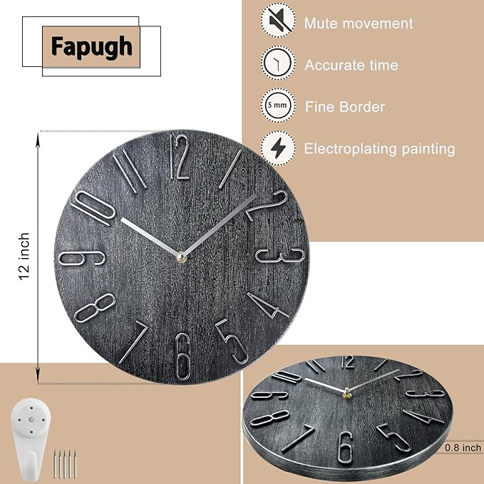 Faupugh 12 inch Silent Wall Clock, Wall Clocks Battery Operated Decorative Clock, Suitable for Home, Office, School, Kitchen, Bedroom, Living Room (Gray)