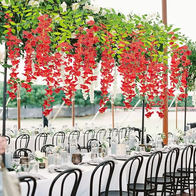 24 Pack Artificial Fake Wisteria Vine Ratta (3.75 Feet) Hanging Garland Silk Flowers String Home Party Wedding Decor (Red)