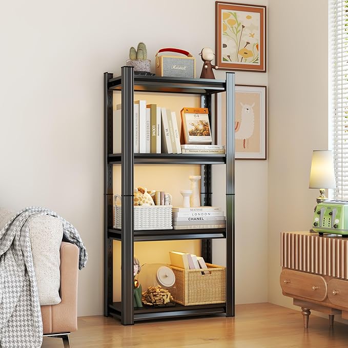 Tall Bookshelf with Open Shelves, Metal Office Book Shelf, Adjustable Organizer Bookcase, Standing Storage Organizer Shelf for Living Room (4 Tier 35.4" W*15.8" D*63" H)