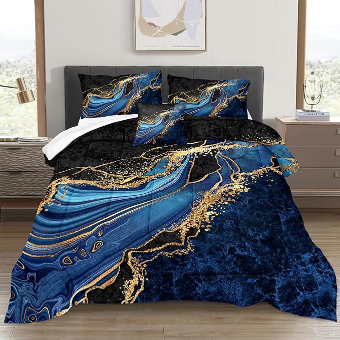 Black Gold Comforter Set King Size Blue Marble Bedding Comforter Ocean Blue River Mrable Abstract Bedding Watercolor Glitter Comforter Set with 2 Modern Pillowcases