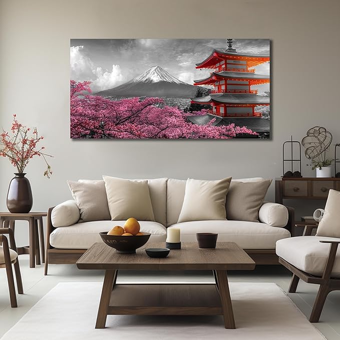 Mount Fuji Wall Art for Living Room Japanese Wall Decor for Bedroom Cherry Blossom Canvas Wall Art for Dining Room Size 24 x 48 Inch