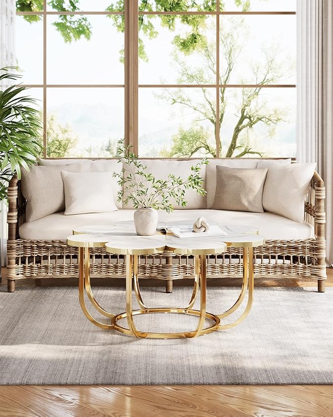 LITTLE TREE 39.37-Inch White and Gold Coffee Table, Modern Flower-Shaped Center Table with Faux Marble Top & Metal Frame, Floral Accent Coffee Table for Living Room, Bedroom, Lounge