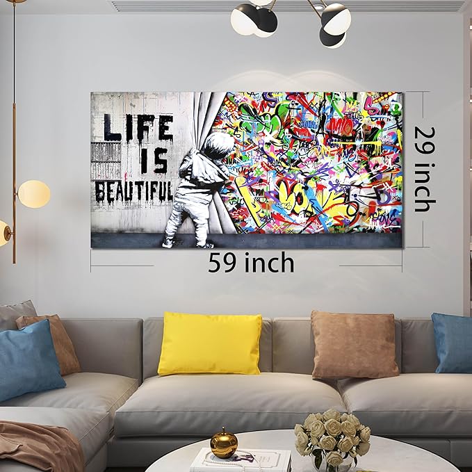 JKWALL77 Colorful Banksy Wall-Art - Graffiti Canvas Wall Art - Large Wall Decor For Living Room Ready To Hang Size 59" x 29"