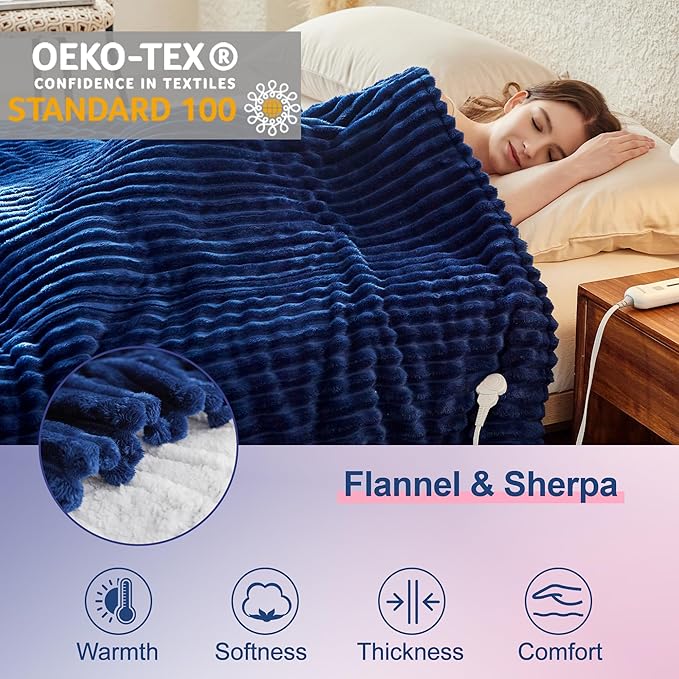 Heated Blanket Electric Blanket 50"x60", Soft Flannel Sherpa Electric Throw with 5 Heating Level & 1-12 Hour Auto Off, Heated Throw with Overheating Protection, Machine Washable (Navy Blue)