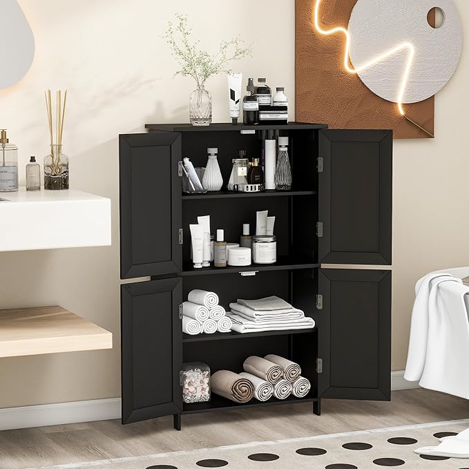 Bathroom Storage Floor Cabinet Freestanding Organizer with Adjustable Shelves for Bathroom Bedroom Laundry Room,4 Doors