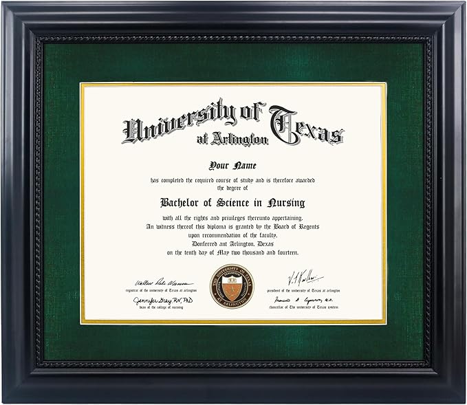 11x14 Diploma Degree Frame with Green Mat or Display 15x18 Certificates without Mat,Solid Wood,Black Finish with Intricate Black Rope Detail,UV Protection Acrylic