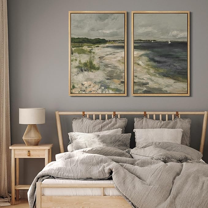 MUDECOR Framed Canvas Print Wall Art Coastal Shoreline with Lush Dunes Serene Beach Landscape Nature Wilderness Illustrations Realism Decorative for Living Room, Bedroom, Office - 24"x36"x2 Natural