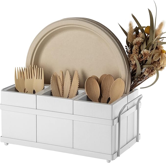 PTSTING Silverware Caddy White Wood Flatware Holder Paper Plate Dispenser Silverware Utensil Caddy Cutlery Flatware Organizer Box for Spoons Forks Plates Napkins