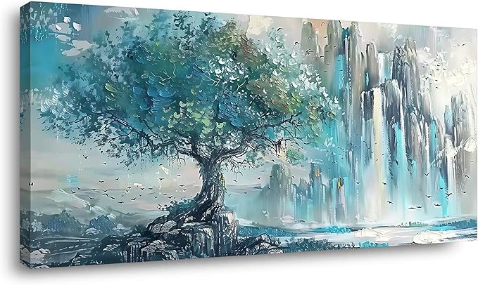 Turquoise Mountains and Tree Wall Art Decor Artwork for Bedroom (20x40 Inches)