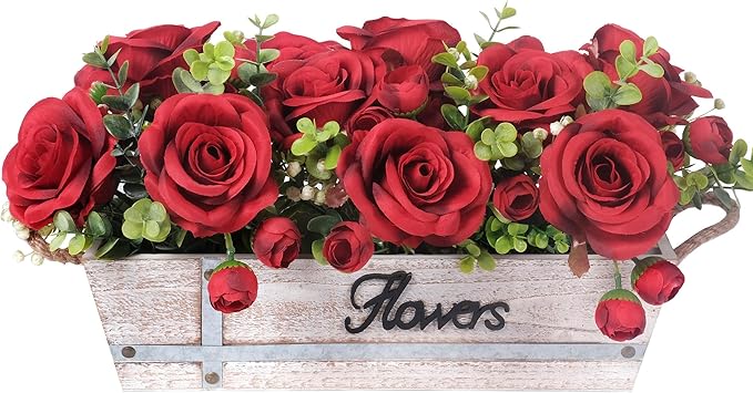 Centerpiece Table Decorations Rustic Wood Tray with 3 Artificial Red Rose Flowers and Fake Eucalyptus for Dining Room Farmhouse Living Room Kitchen and Coffee Table Décor
