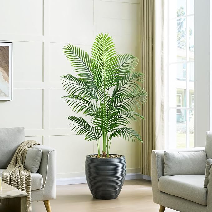 Artificial Palm Tree 5FT Artificia Plants Indoor Fake Tree Tropical Fake Plam Trees Areca Floor Plant in Black Pot with 13 Trunks & Real Bark Design Faux Palm Plant for Outdoor Home Room Decor