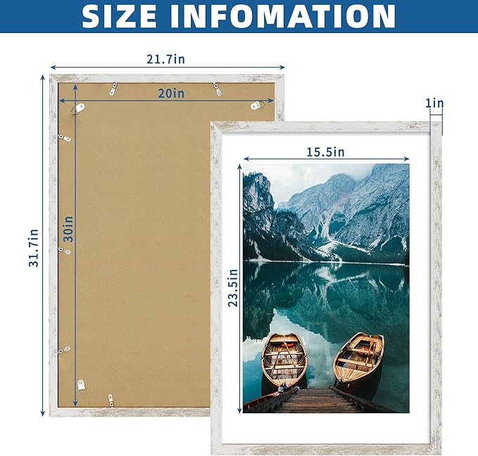 20x30 Frame Set of 2, Distressed White Wood Style - Display 16x24 Picture with Mat or 20 x 30 Poster without Mat, Wall Mounting Horizontal and Vertical