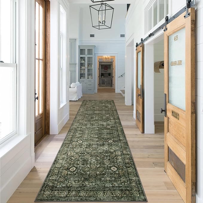 Morebes Vintage 2x10 Runner Rug for Hallway Non Slip,Washable Kitchen Runner Rug for Entryway Indoor,Super Soft Faux Wool Rug for Farmhouse Dining Room Indoor Playroom, Dark Green
