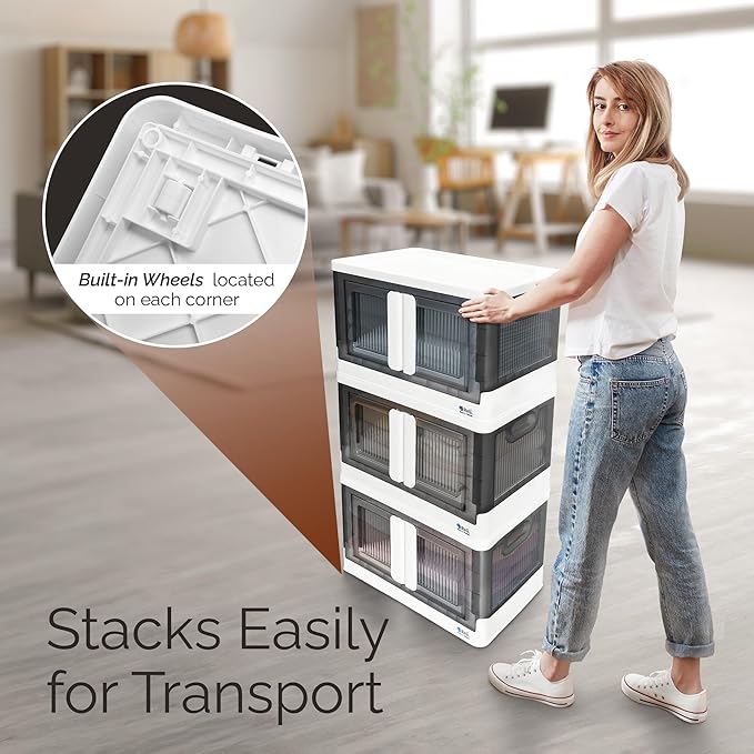 Reli. Collapsible Storage Bins with Lids (2 Pack) | 8.4 Gal Plastic Stackable Storage Bins with Lids | Heavy Duty Closet Organizer | Built-In Wheels & Door | White/Grey