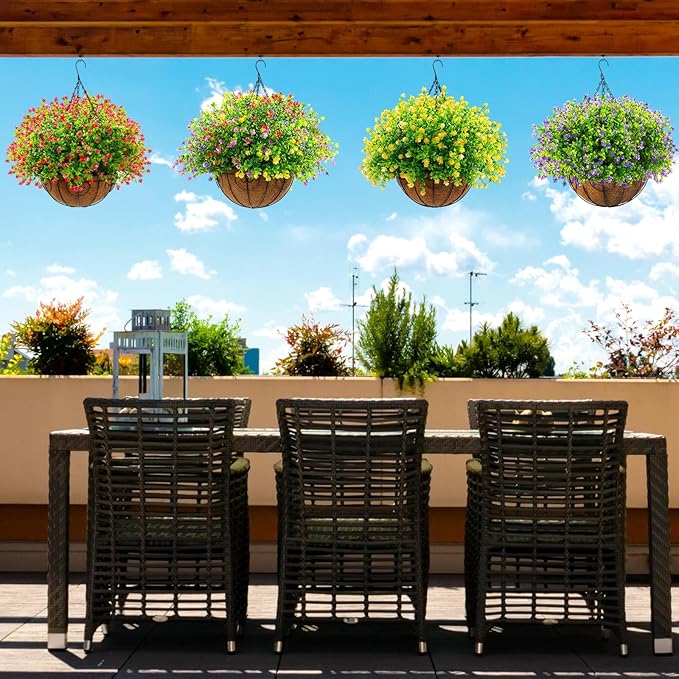 Lyrow 4 Pack Artificial Hanging Flowers with Baskets Outdoors Faux Flowers with 12 Inch Coconut Lining Baskets Realistic Artificial Hanging Plants for Patio Lawn Garden Decor